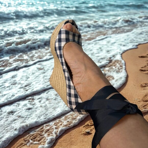 JustFab Navy Gingham Espadrille Wedge Heels – Lace-Up Peep Toe, Size 7.5 - Picture 5 of 5